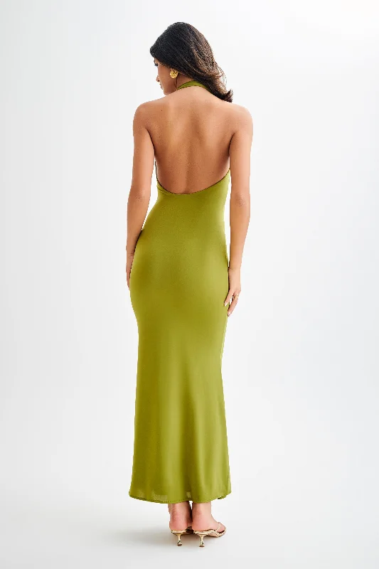 Marianne Asymmetrical Slinky Maxi Dress - Vintage Olive