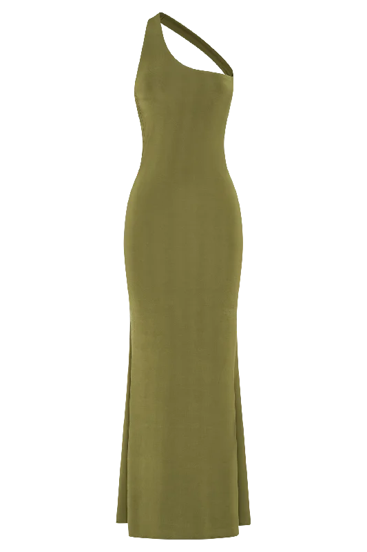 Marianne Asymmetrical Slinky Maxi Dress - Vintage Olive