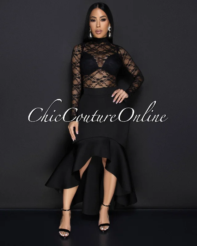 Primrose Black Lace Bodysuit & Hi-Lo Skirt Set