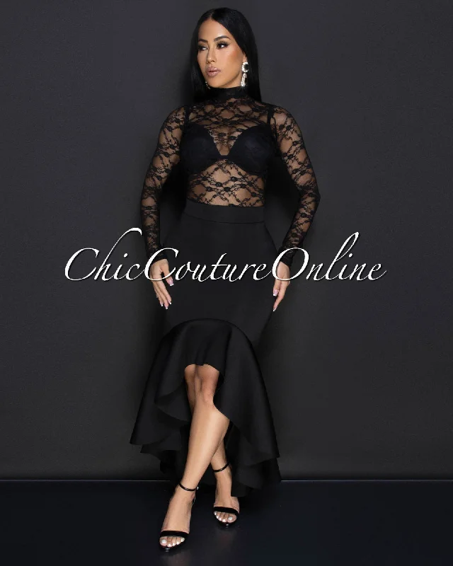 Primrose Black Lace Bodysuit & Hi-Lo Skirt Set