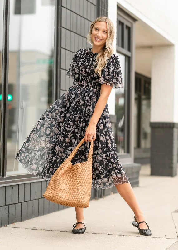 Printed Mesh Smocked Top Midi Dress