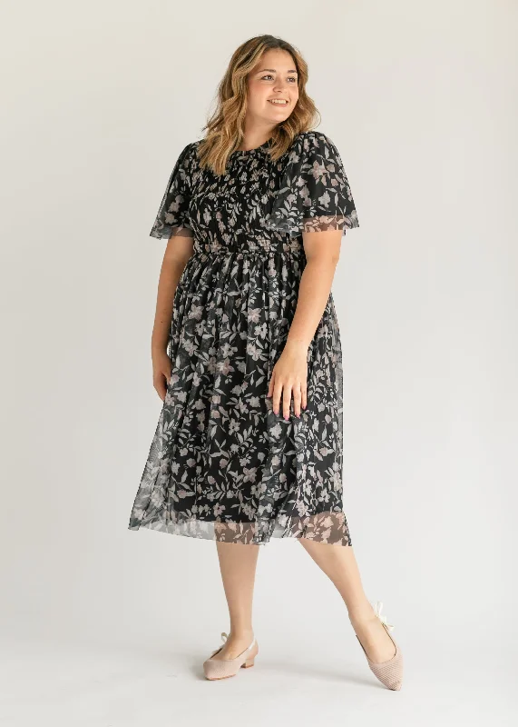 Printed Mesh Smocked Top Midi Dress