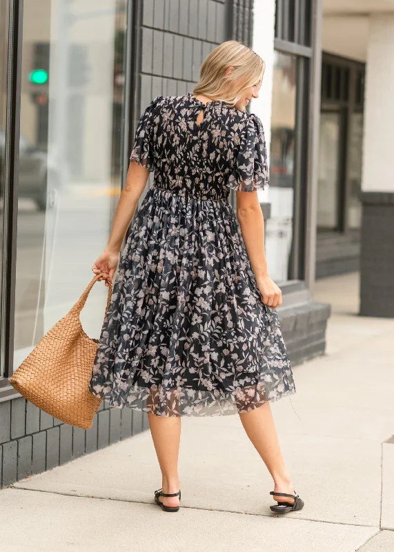 Printed Mesh Smocked Top Midi Dress