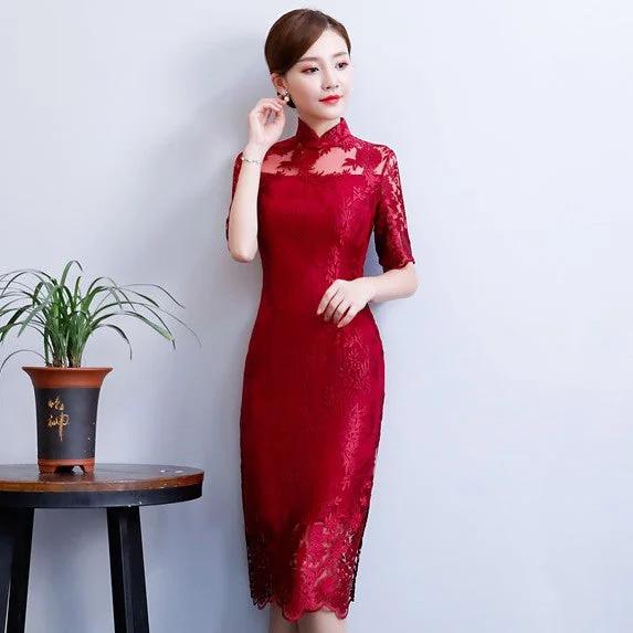 Retro Lace Appliques Knee Length Cheongsam Chinese Dress