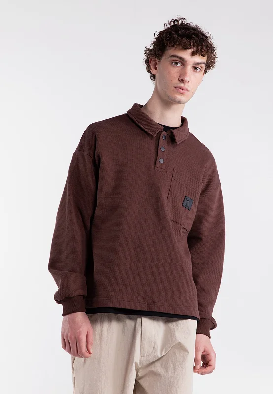 Long Sleeve Waffle Polo - Brown