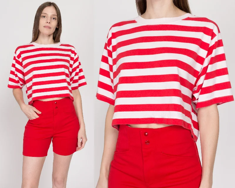 Medium 80s Red & White Striped Cropped Tee