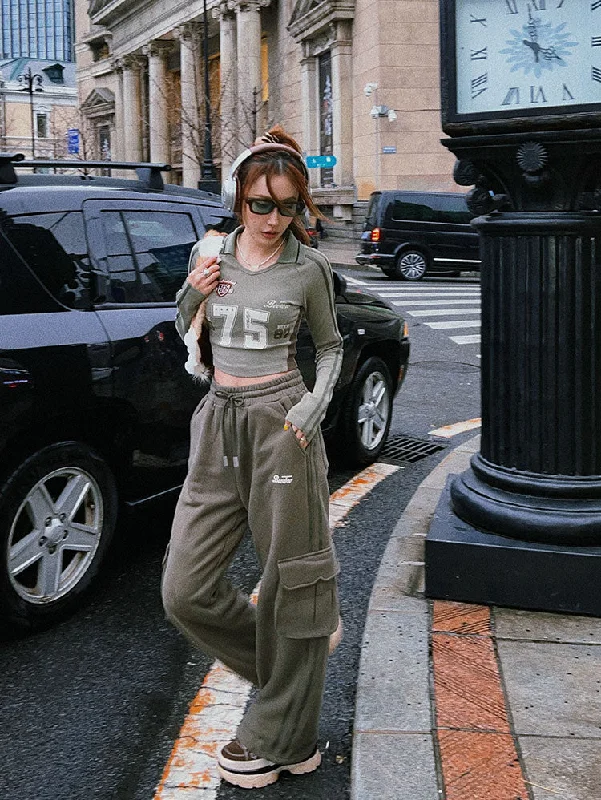 75 Graphic Letter Print Long Sleeve V-Neck Slim Top Baggy Straight Leg Cargo Pants Matching Set