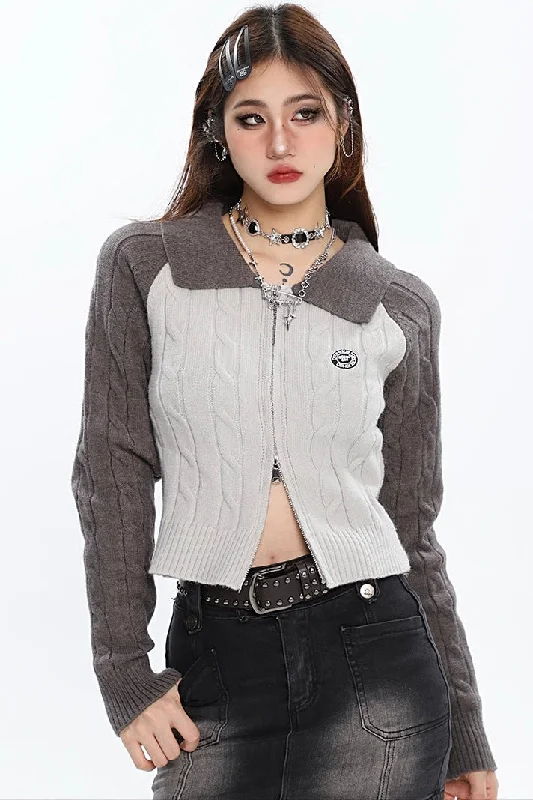 800 Patchwork Long Sleeve Zip Up Lapel Top