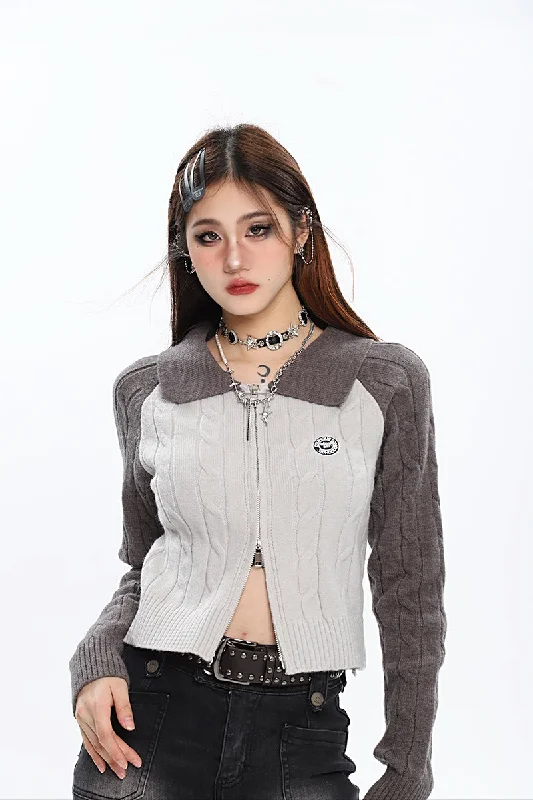 800 Patchwork Long Sleeve Zip Up Lapel Top