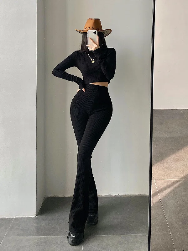 Alias Solid Color Ribbed Long Sleeve Slim Cropped Top High Waist Flare Pants Matching Set