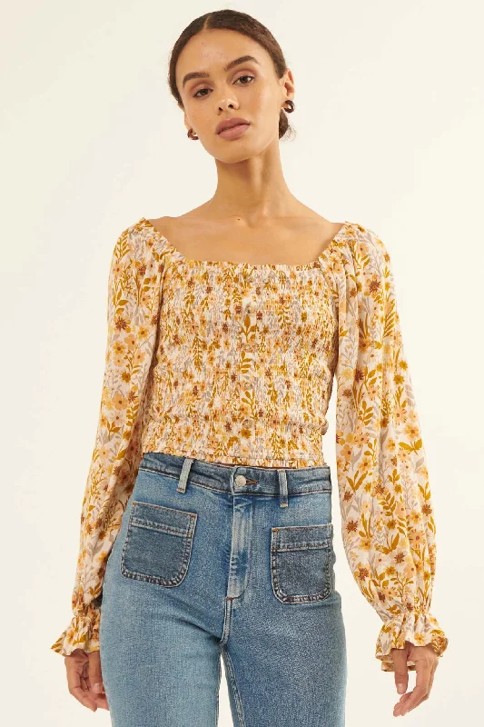 Amber Blossoms Smocked Floral Peasant Top