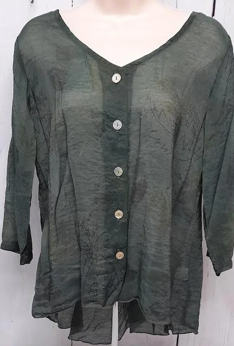 Blouse 3/4 Sleeve; Botton Down Sheer Artichoke Dk Green Women's cmp-9818