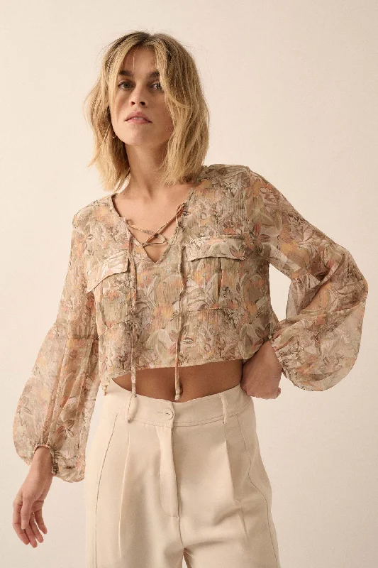 Bouquet by Me Floral Chiffon Cropped Peasant Top