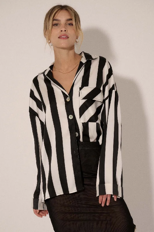 Broad Strokes Striped Satin Button-Up Pocket Shirt