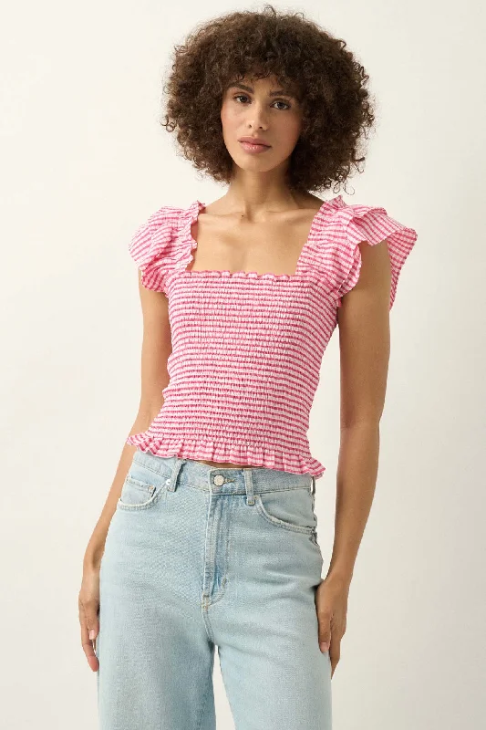 Candy Land Smocked Gingham Ruffled Peasant Top