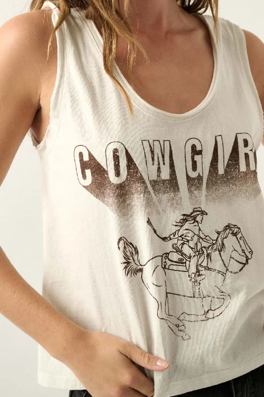 Cowgirl Vintage-Print Raw-Edge Graphic Tank Top