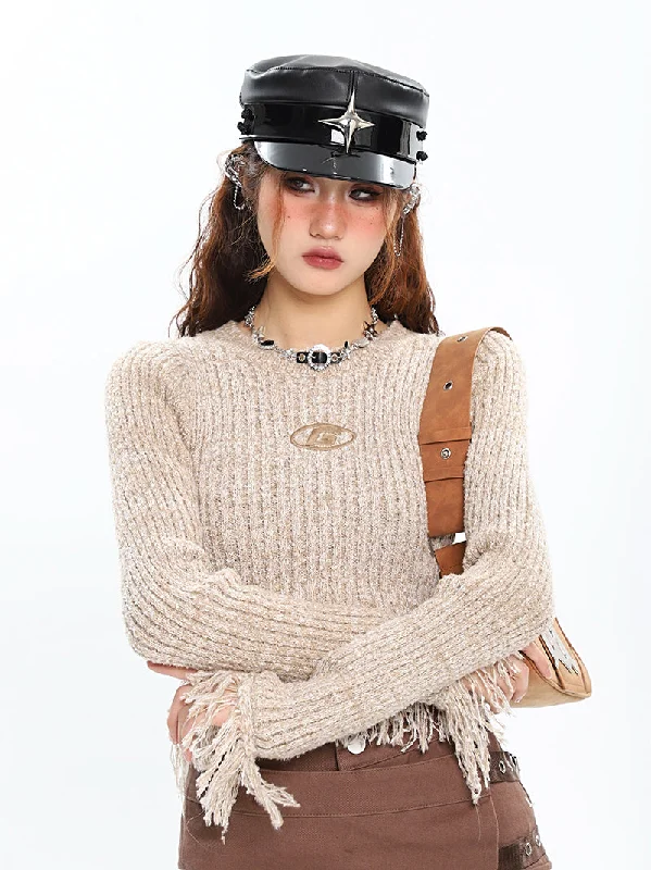 G TV Static Long Sleeve Knitted Cropped Tassel Top