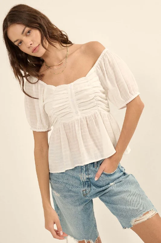 In Your Dreams Ruched Tonal-Stripe Peasant Top