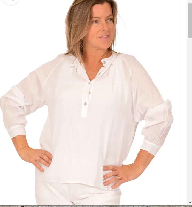 Womens- White Light Cotton 1/2 Button Down Long Sleeve Shirt - Made In Italy - Itel723300wh-