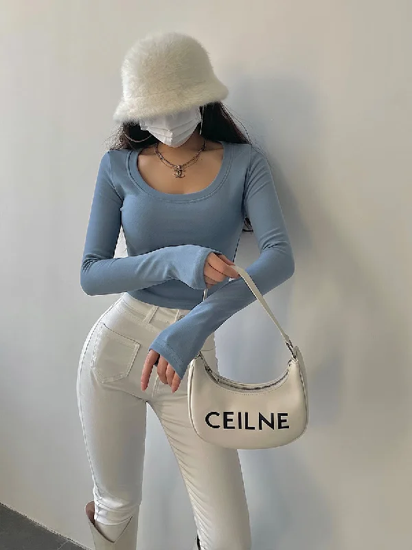 Kaylen Solid Color Long Sleeve Cropped Round Neck Top