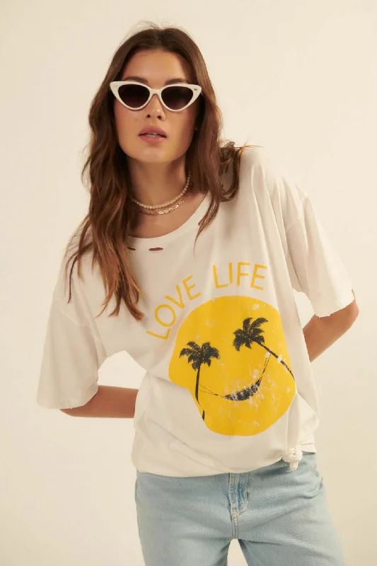 Love Life Distressed Palm Tree Smiley Graphic Tee