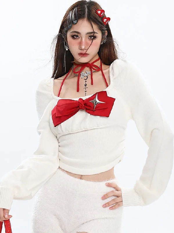 Mara Pleated Bow Strings Halter Square Neck Long Sleeve Top