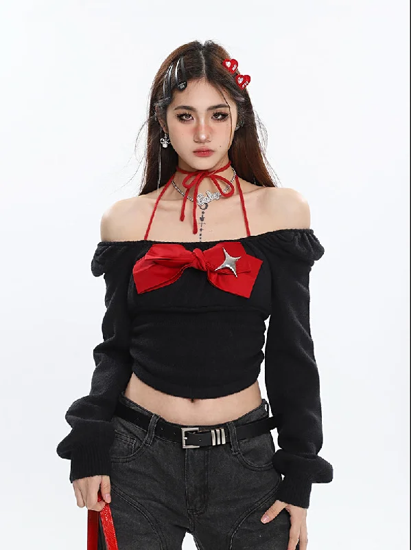 Mara Pleated Bow Strings Halter Square Neck Long Sleeve Top