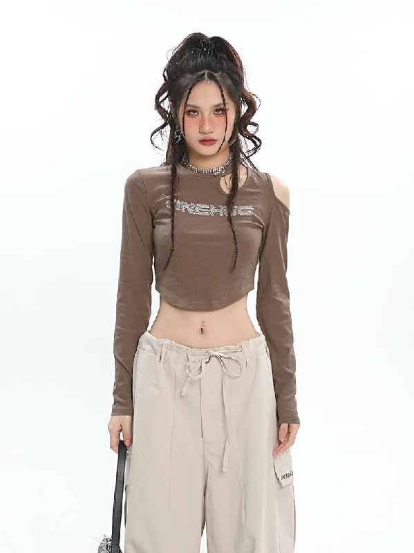 ONEHUG Solid Color Cut Out Long Sleeve Cropped Top