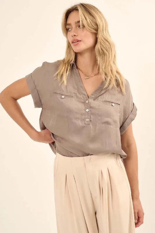 Open Heart Matte Satin Half-Button Pocket Shirt