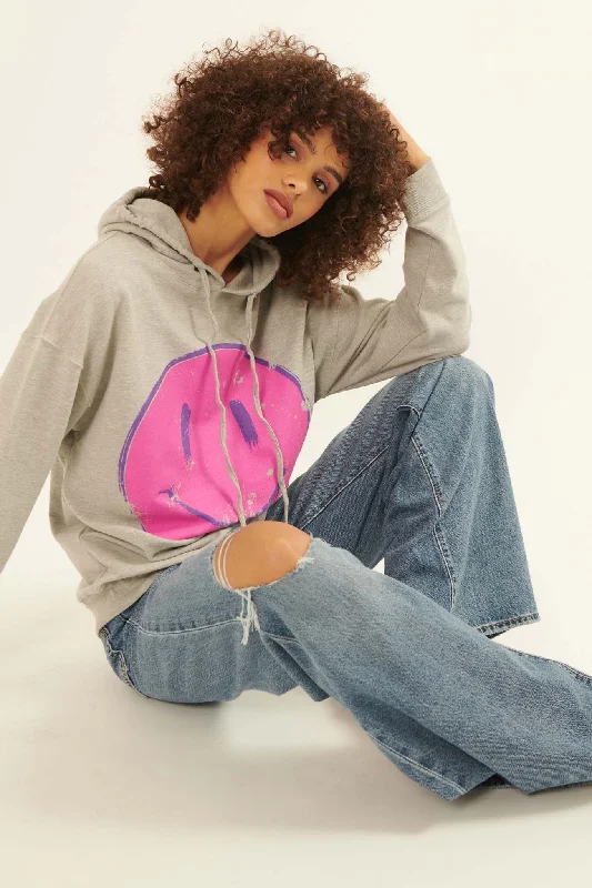 Pink Smiley Face Vintage-Print Graphic Hoodie