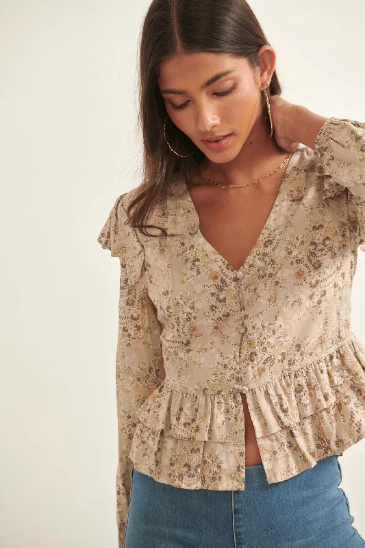 Pure Fantasy Ruffled Floral Button-Up Blouse