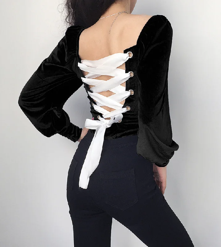 Romantic back tie one-piece top long sleeve velvet tops  387