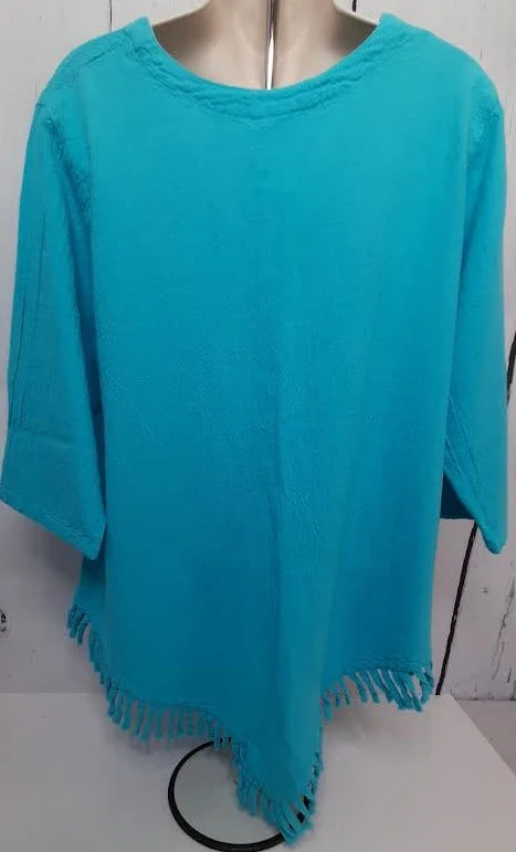 Shirt - V Neck - 3/4 Sleeve-Fringe-Teal-Women's-449