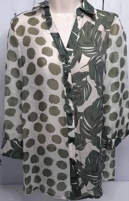 Sheer Green/White Button Front 3/4 Sleeve - Ad2314