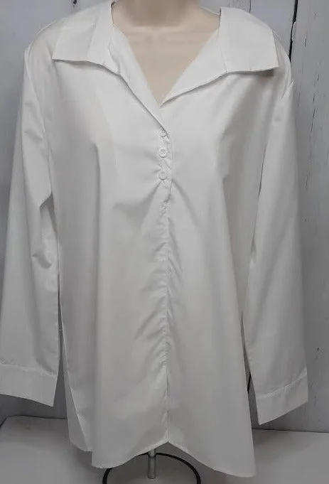 Shirt Pullover Button Front Long Sleeve White Womens-BWPOBW