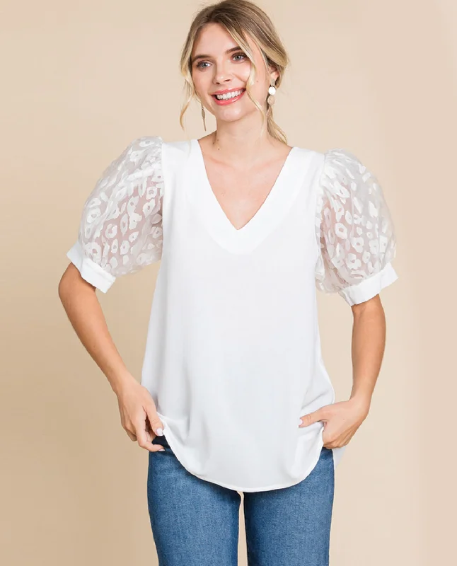 Solid V-Neck Puff Sleeve Top