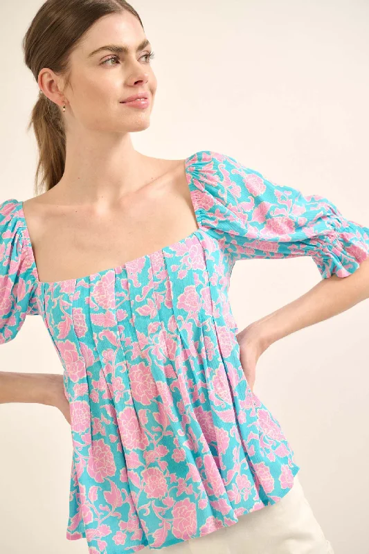 Stolen Kisses Pleated Floral Puff-Sleeve Top