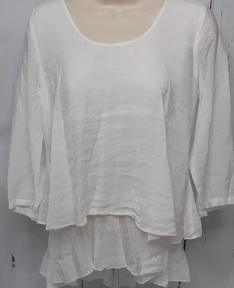 Top 2 Tier Ruffle Top 1/2 Sleeve Sheer -White Women's c-9999