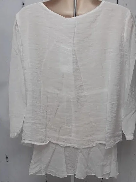 Top 2 Tier Ruffle Top 1/2 Sleeve Sheer -White Women's c-9999