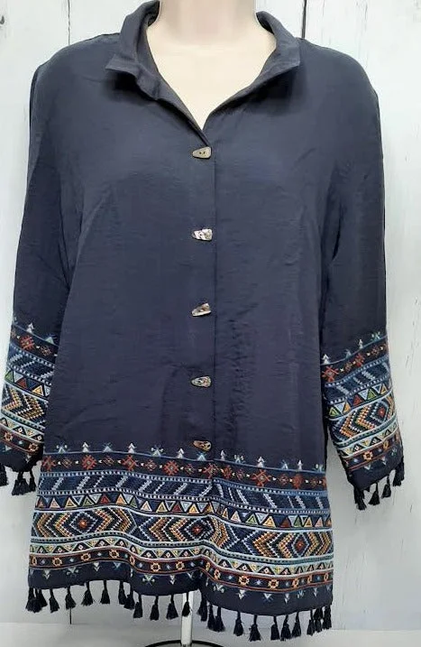 Top-Dark Blue-Button Front3/4 Sleevew Collar-Women's-J33834bm