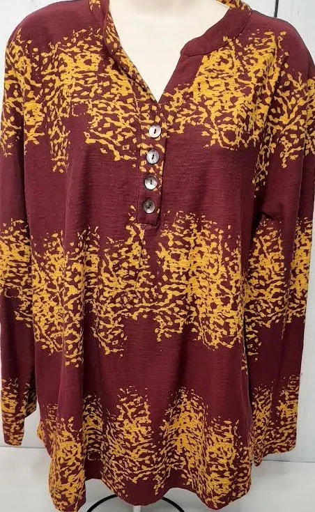 Top Plum/Mustard Button Front Pullover Long Sleeve 2 Pocket Women's 2247