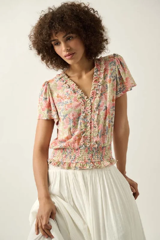 Watercolor Daydream Ruffled Floral Crepe Blouse