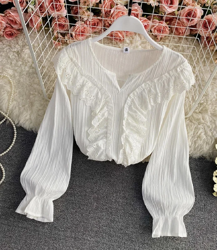 White lace tops long sleeve tops  346