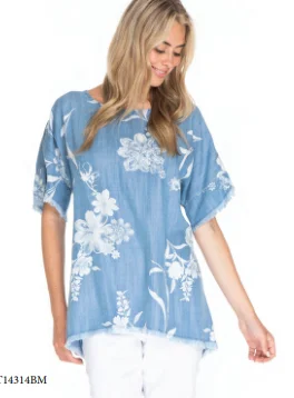 Top   Lace Up Back Flower Print Blue Women's t41314bm