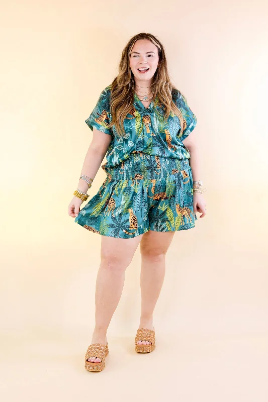 Center of Attention Jungle Print Flowy Shorts in Teal Blue