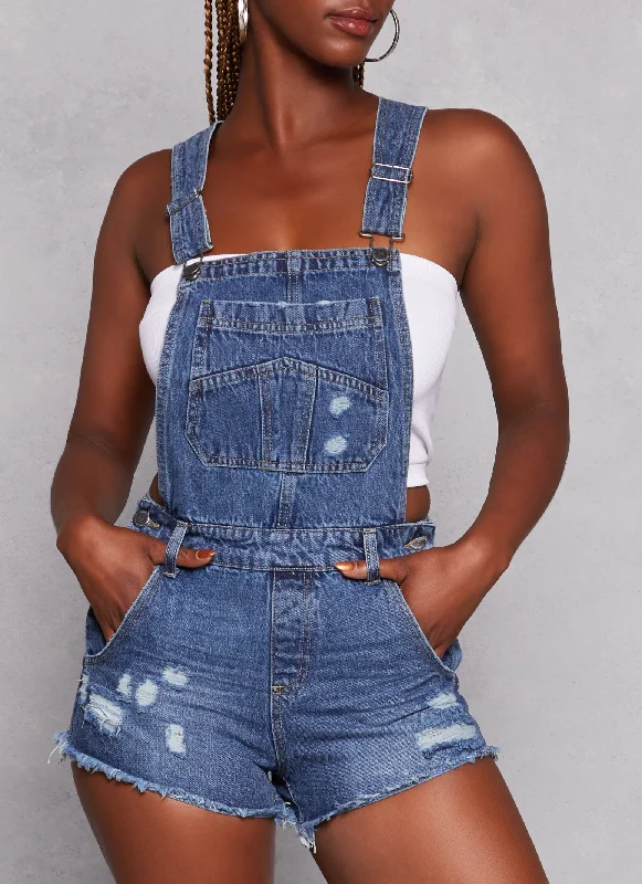 Highway Frayed Hem Distressed Denim Shortalls