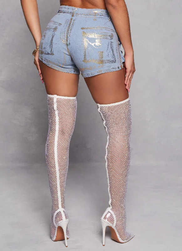 Daisy Foil Screen Strappy Cargo Denim Shorts