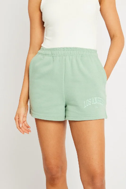 Green Track Shorts High Rise Elastic Waist