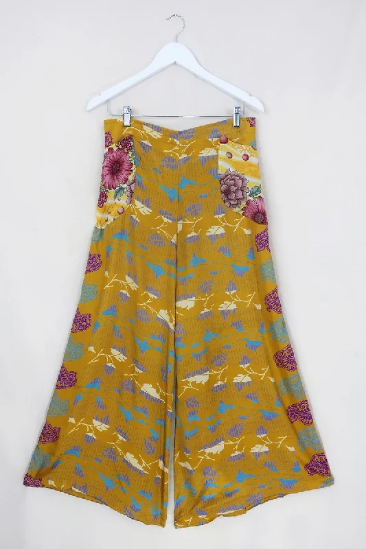 Joni High Waisted Flares - Vintage Sari - Honey & Grape Floral - Free Size L/XL