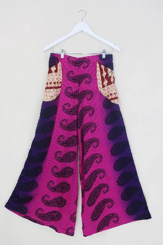 Joni High Waisted Flares - Vintage Sari - Raspberry & Grape - Free Size M/L